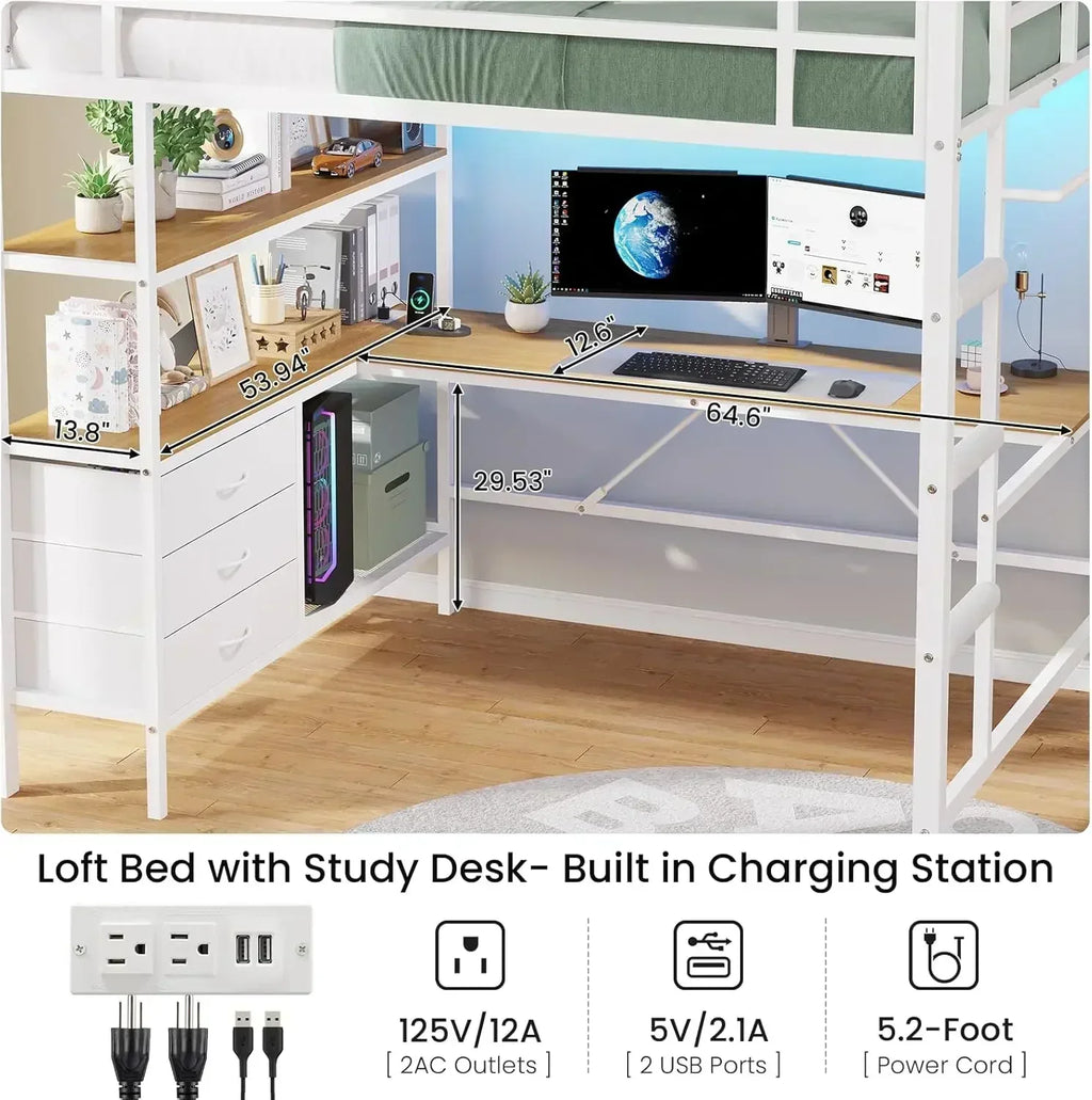 LED Lights and Charging Station Full Metal Loft Bed