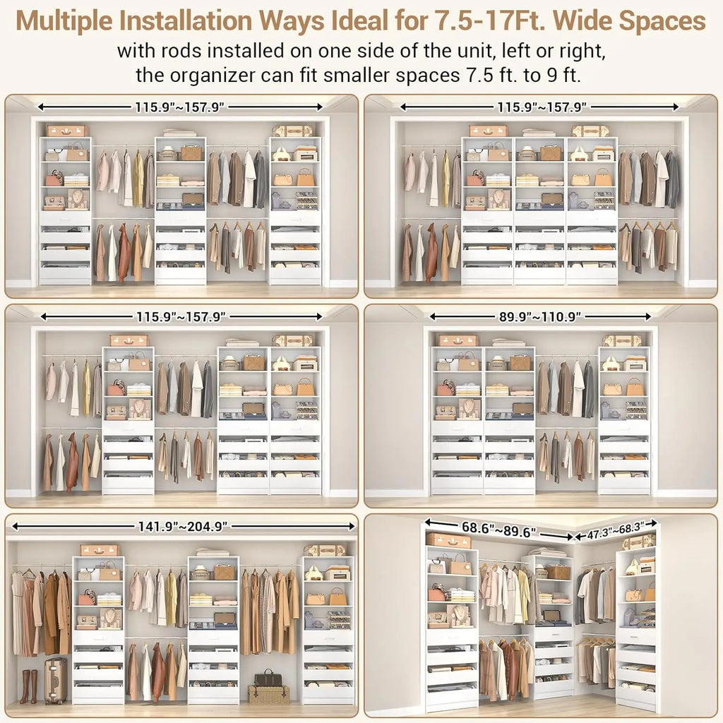 Wood Closet Organizer 12 Drawers 4 Rods 3 Towers