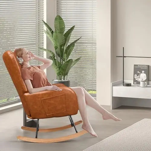 Brown Leather High-Back Rocking Armchair With Quilted Backrest