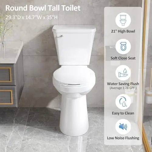 21 Inch High Toilet Elongated With Comfort Chair Seat, 1.28 Gpf Powerful Single Flush Extra Tall Toilet, 12 Inch Rough
