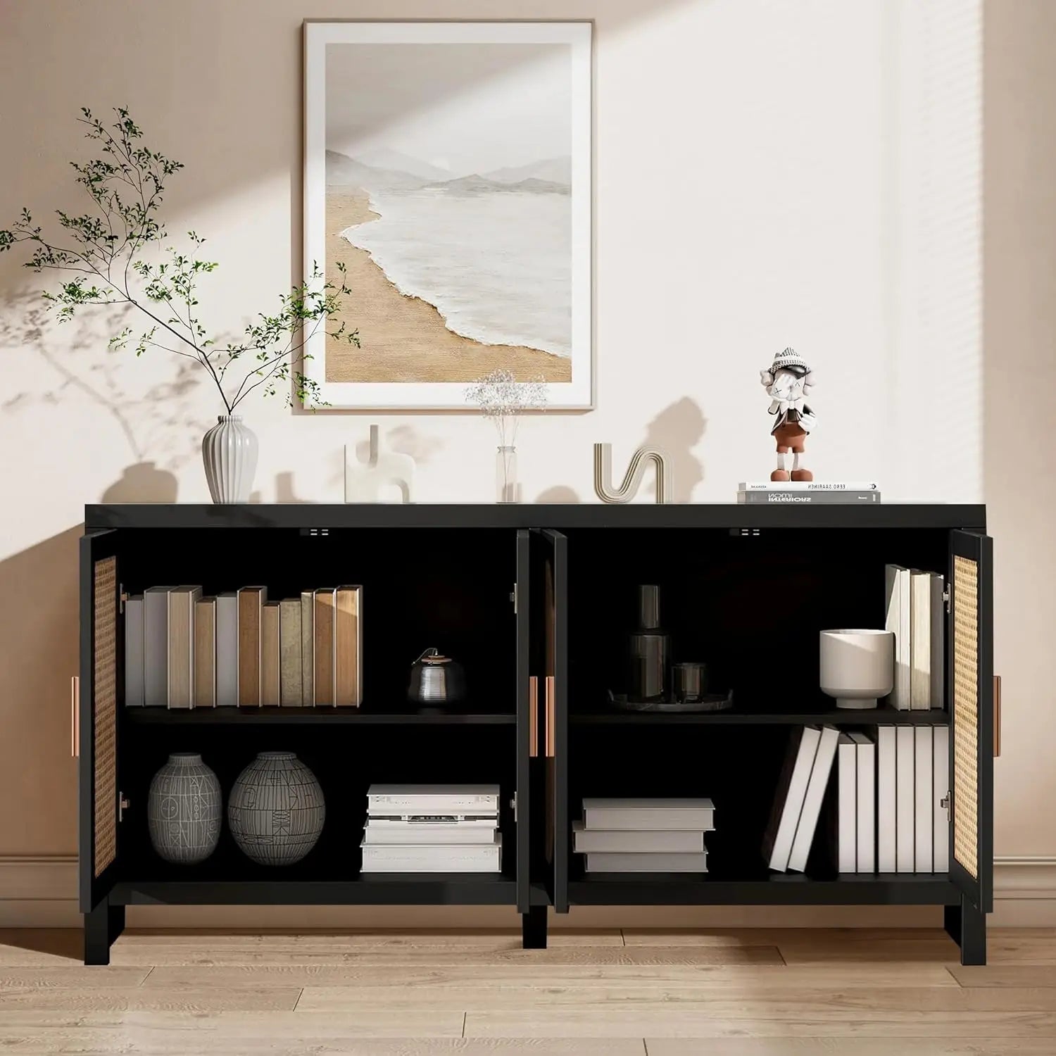 Sideboard Buffet Cabinet With Storage, Wooden Cabinet With 4 Doors Adjustable Shelves, For Kitchen, Dining, Customized