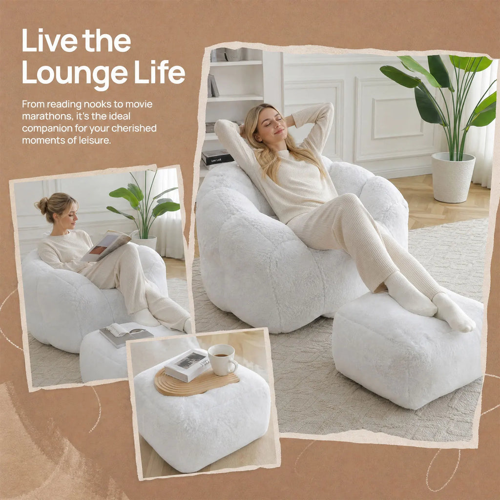 Bean Bag Chair with Ottoman, Comfy Bean Bag Chairs with Memory Foam Filled, Fluffy Beanbag Sofa with Dutch Velvet Cover, Teardrop BeanBag Chairs for Living Room, Playroom