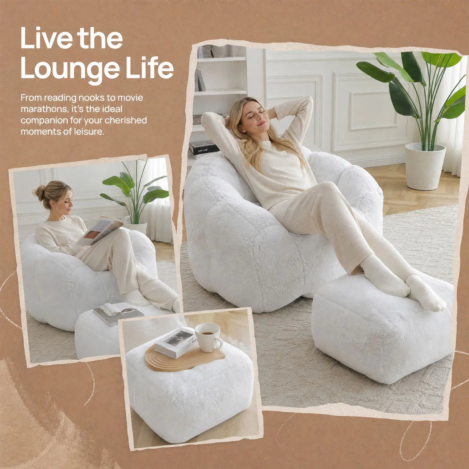 Bean Bag Chair with Ottoman, Comfy Bean Bag Chairs with Memory Foam Filled, Fluffy Beanbag Sofa with Dutch Velvet Cover, Teardrop BeanBag Chairs for Living Room, Playroom