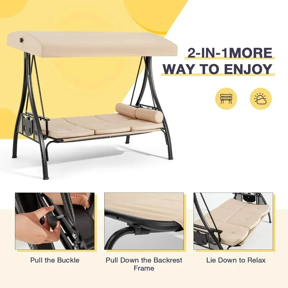 3-Seat Outdoor Swing Set with Adjustable Canopy