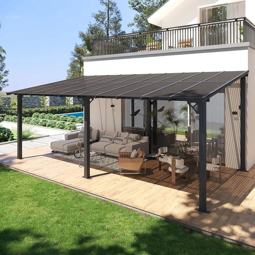 10' x 20' Lean to Gazebo, Hardtop Metal Gazebo Pergola with Polycarbonate Roof