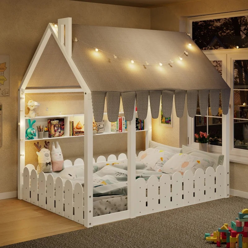 White Full Size Montessori Floor Bed with Fence