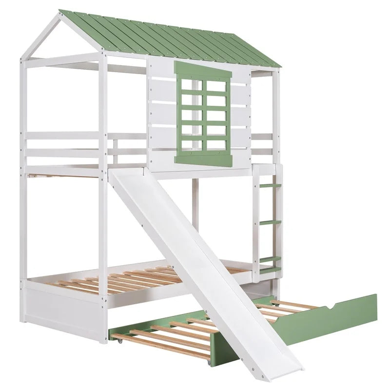 White Green Twin Over Twin Bunk Bed with Slide and Trundle