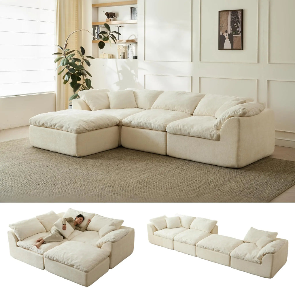 Modern Cloud L-Shaped 3-Seater Oversized Deep Seat Chenille Fabric Sofa with Ottoman