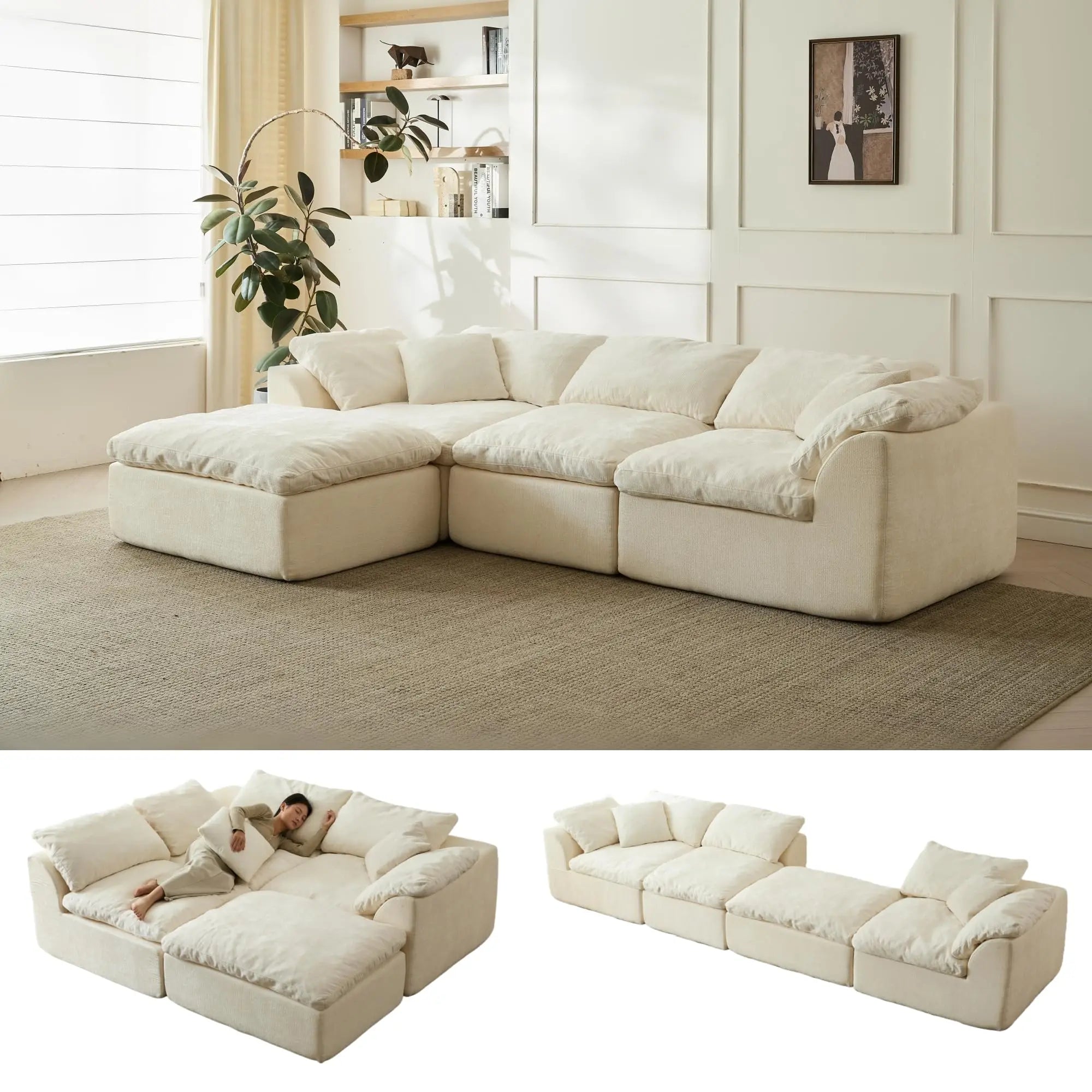 Modern Cloud L-Shaped 3-Seater Oversized Deep Seat Chenille Fabric Sofa with Ottoman