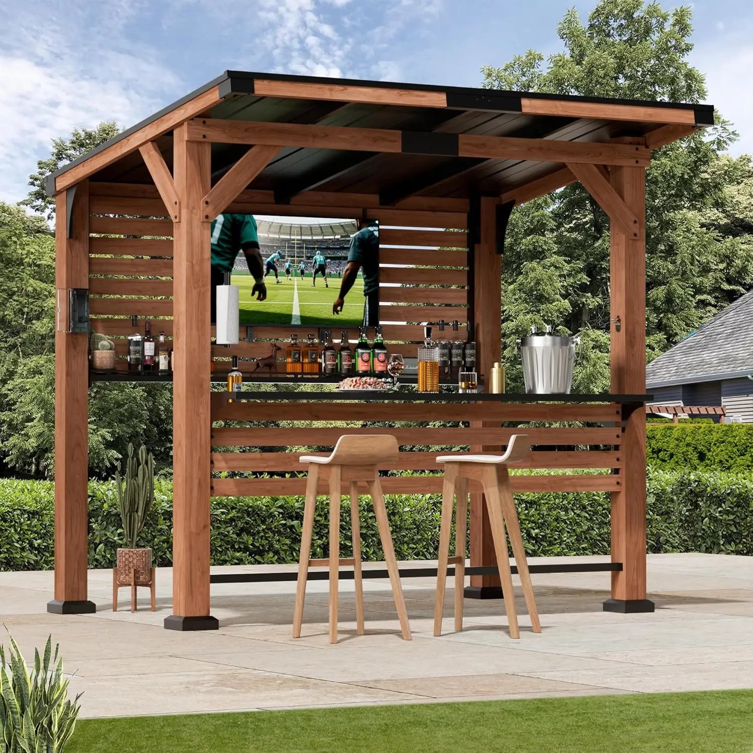 Cedar Wood Outdoor Bar and Grill Gazebo with Shelves