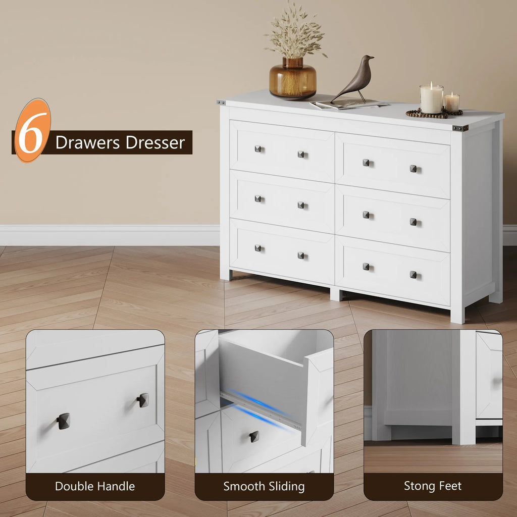 Wood 6 Drawer Dresser, 47" Wide Modern Double Chest of Drawers