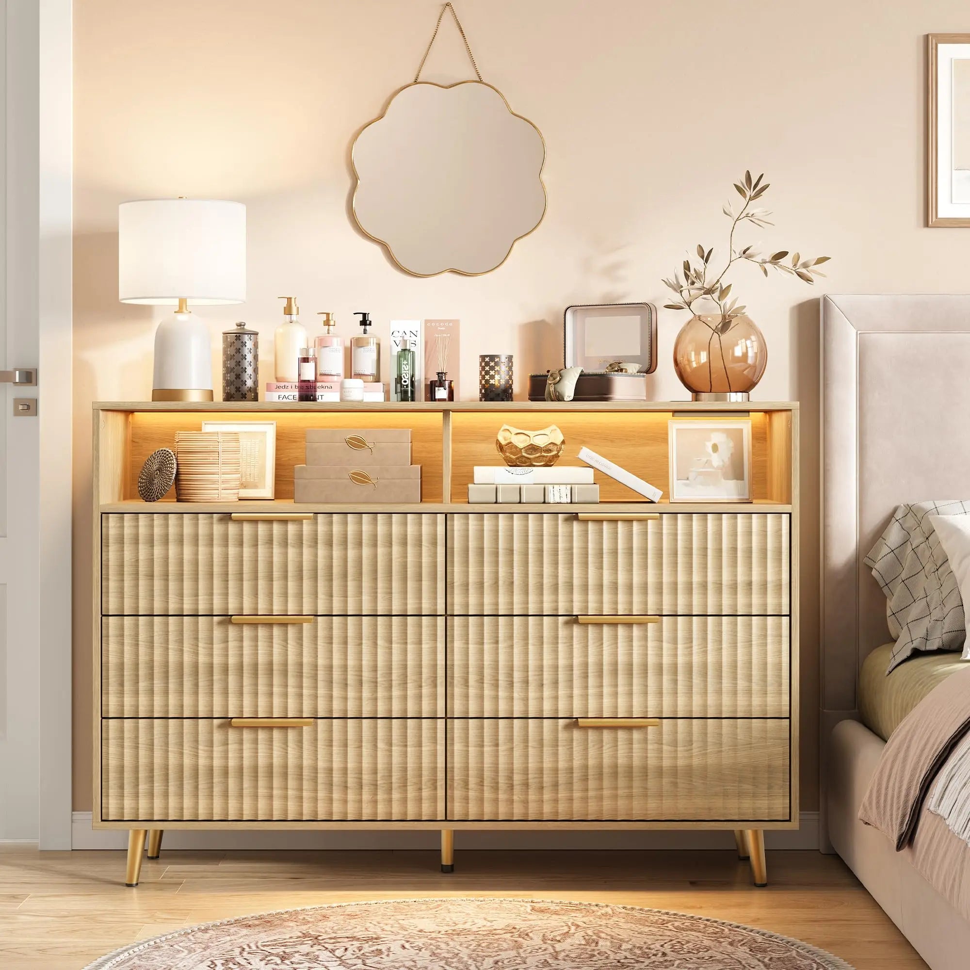 Modern Curved Fluted Wood Dresser With 6 Drawers LED Lights And Charging Station Room