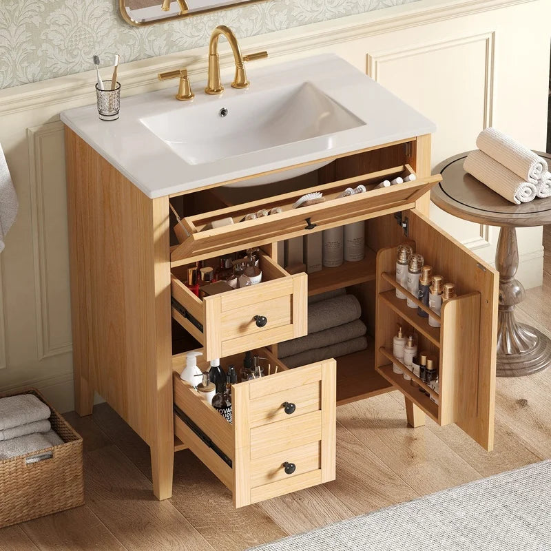 30" Natural Wood Grain Bathroom Vanity with Ceramic Sink