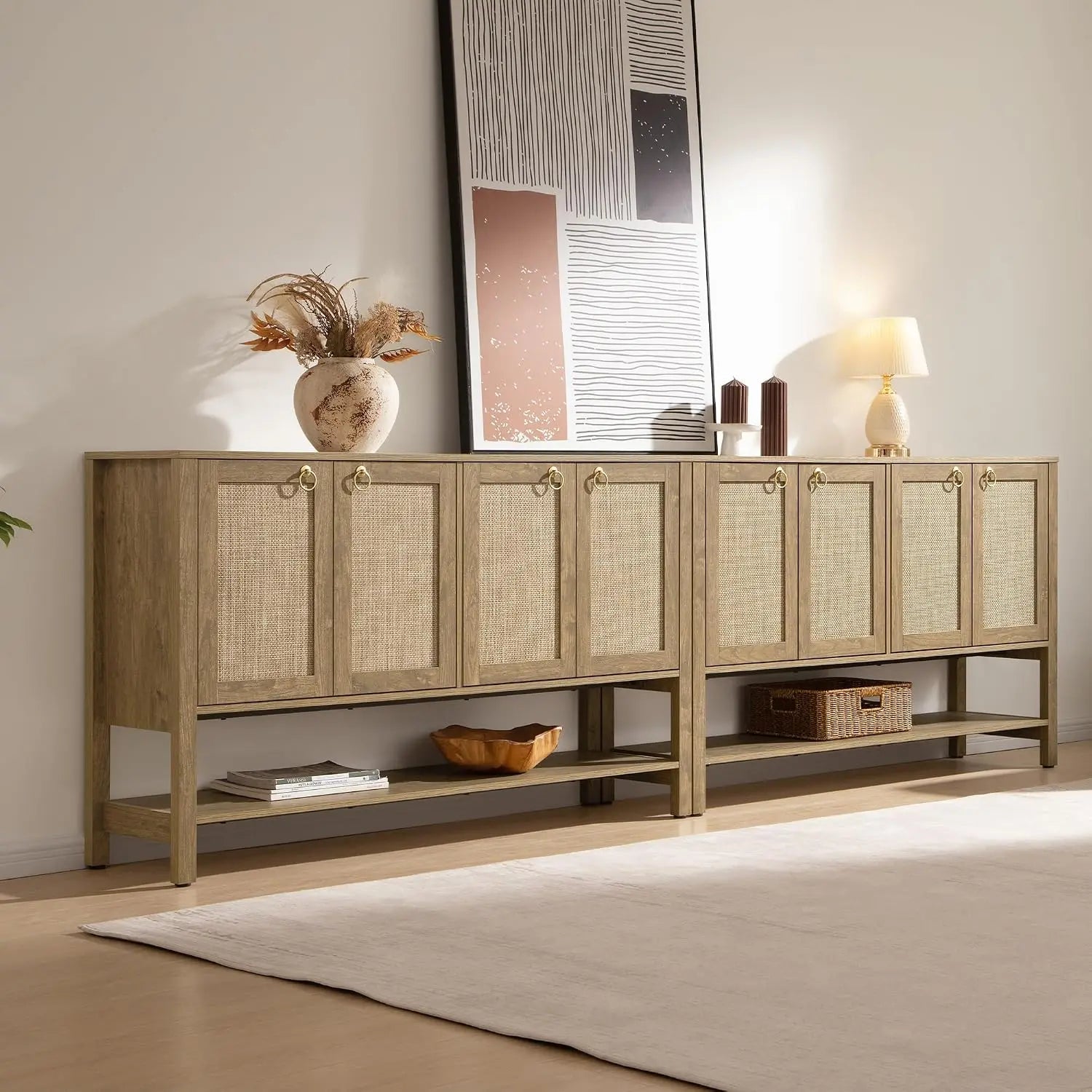 Rattan Sideboard Buffet Cabinet with Open Storage