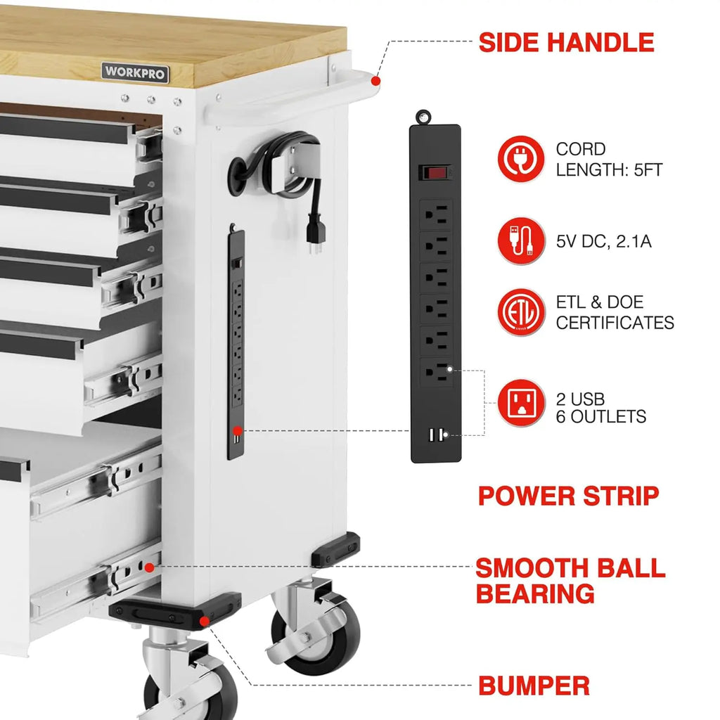 5-Drawer & 1-Door Rolling Tool Chest, Power Strip, Locking System