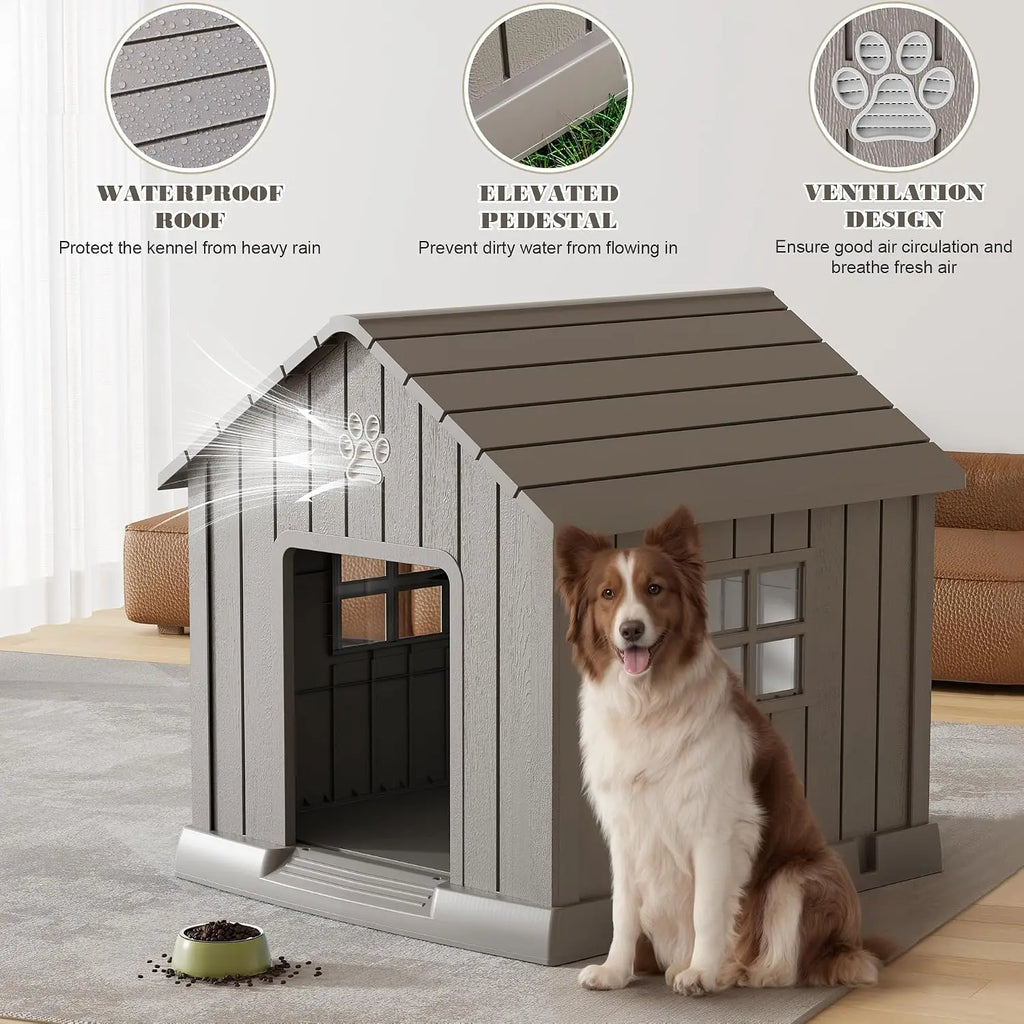 Weatherproof Plastic Dog House Outdoor Large Pet Kennel Shelter