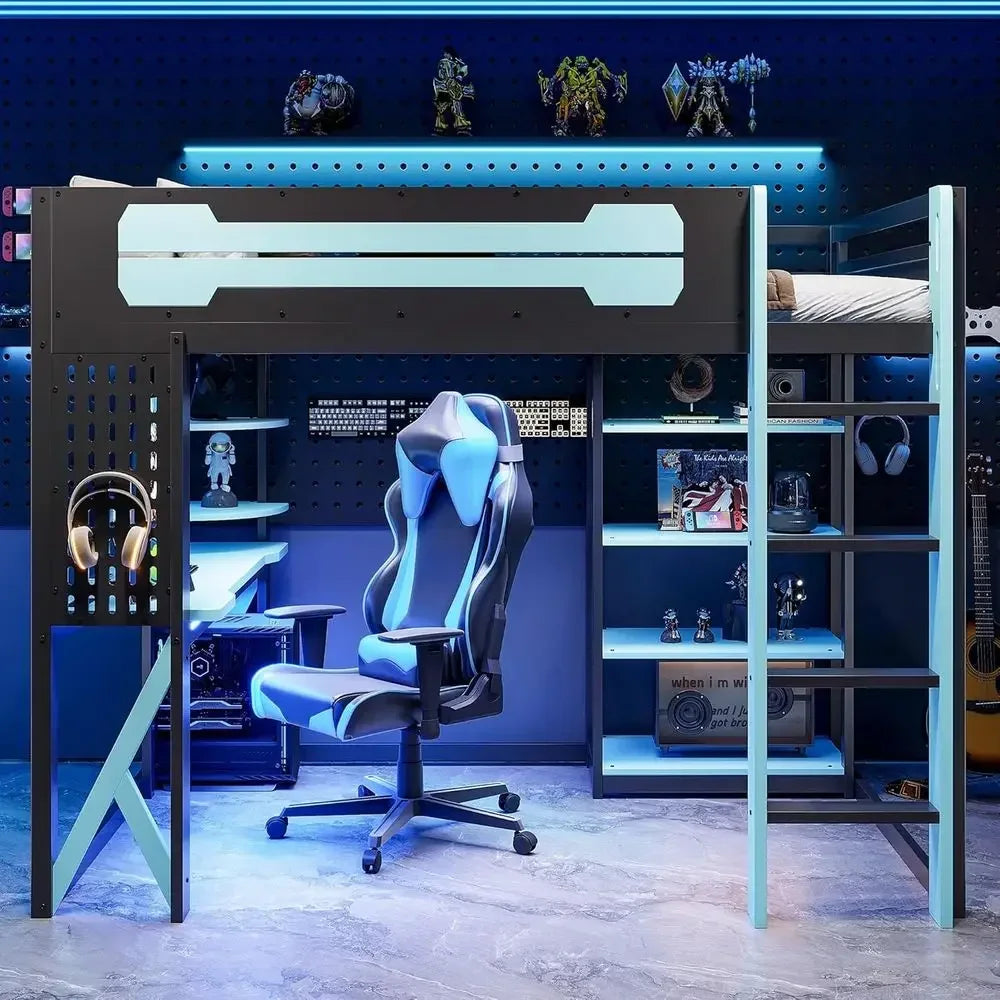 Full Size Gaming Loft Bed with Desk, USB Ports, LED Lights,