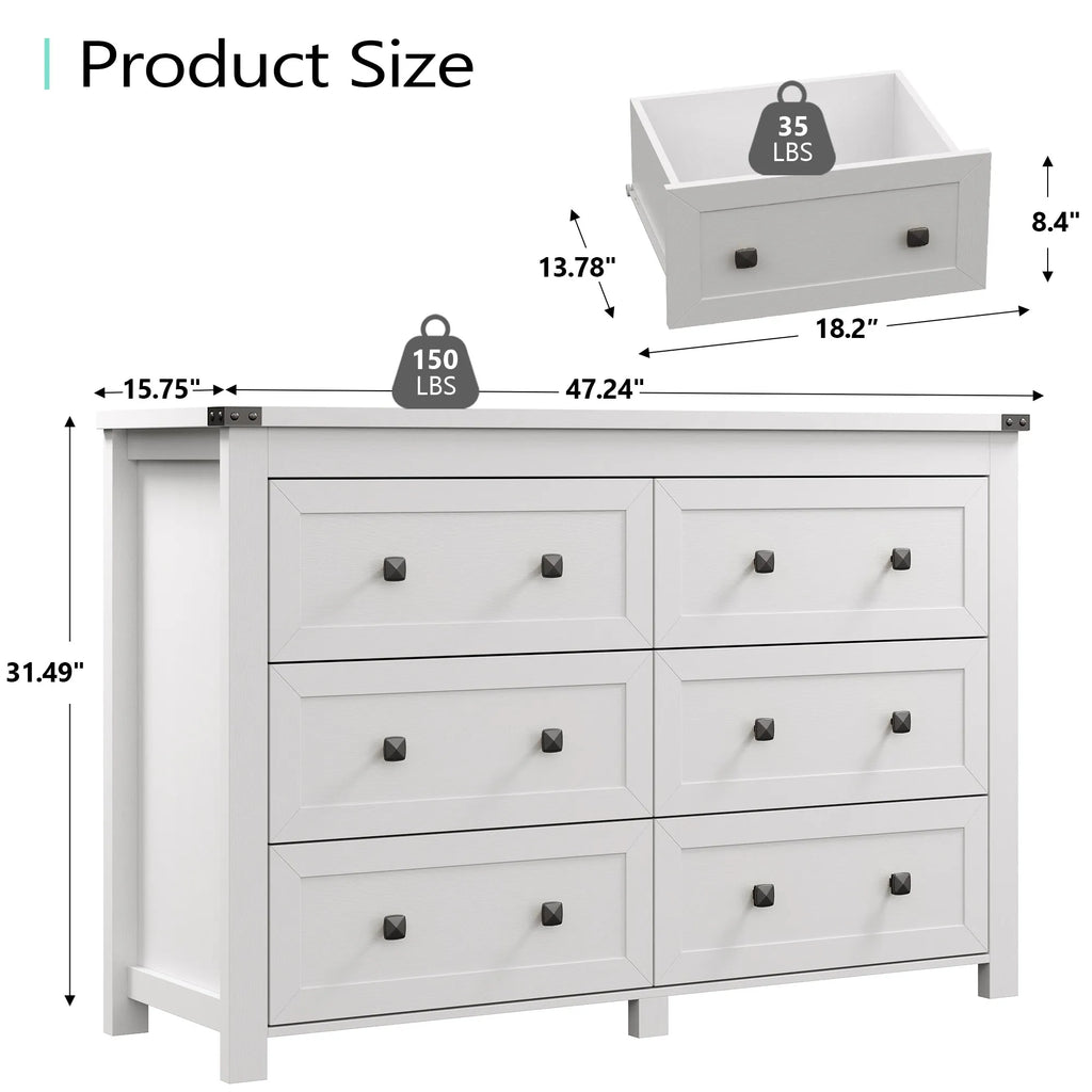 Wood 6 Drawer Dresser, 47" Wide Modern Double Chest of Drawers
