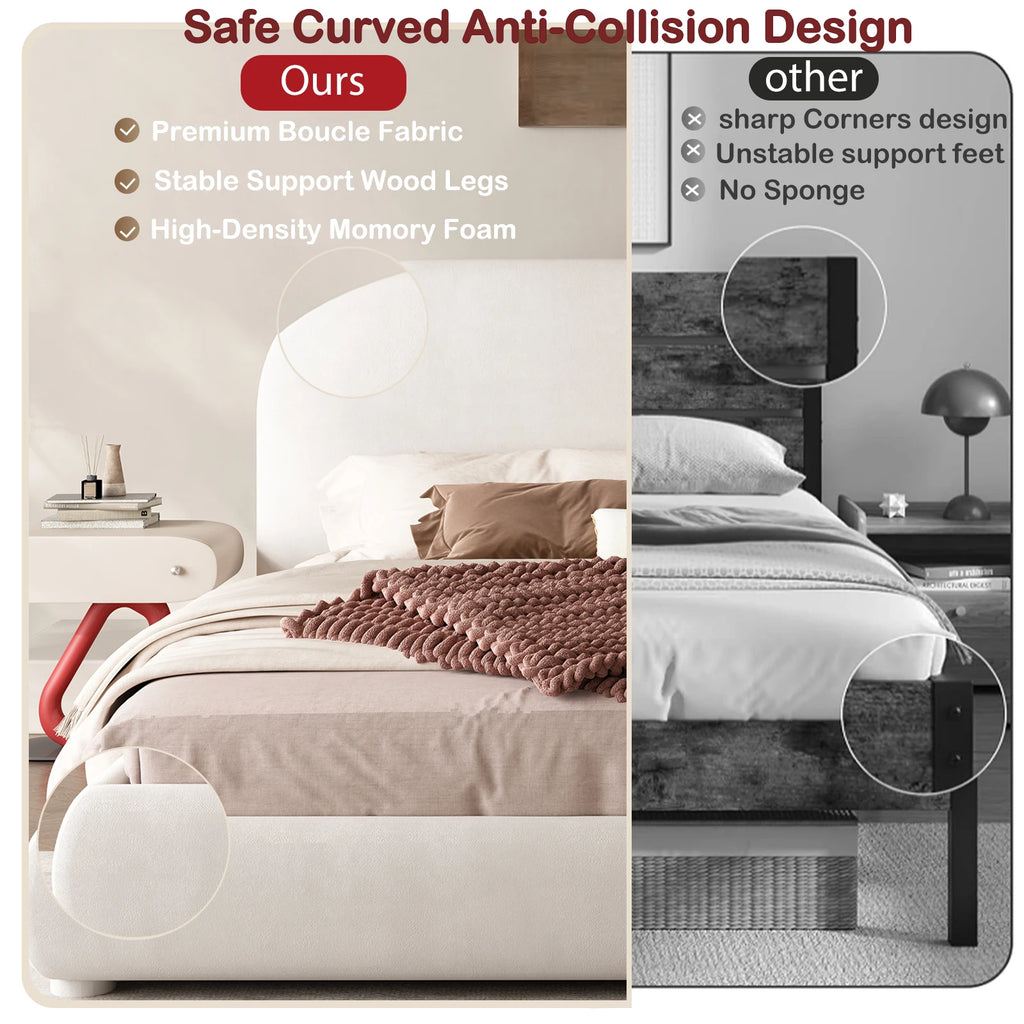 Queen Size Boucle Bed Frame, Upholstered Cloud Bed Frame with Headboard, Soft Platform Bed Frame with Thickened Footboard, Rounded Corners, No Box Spring Required