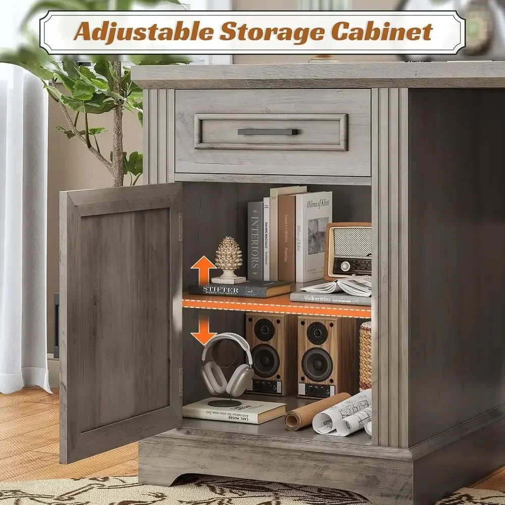 L-Shaped Office Desk with Drawers, Storage, and Power Outlet in Grey