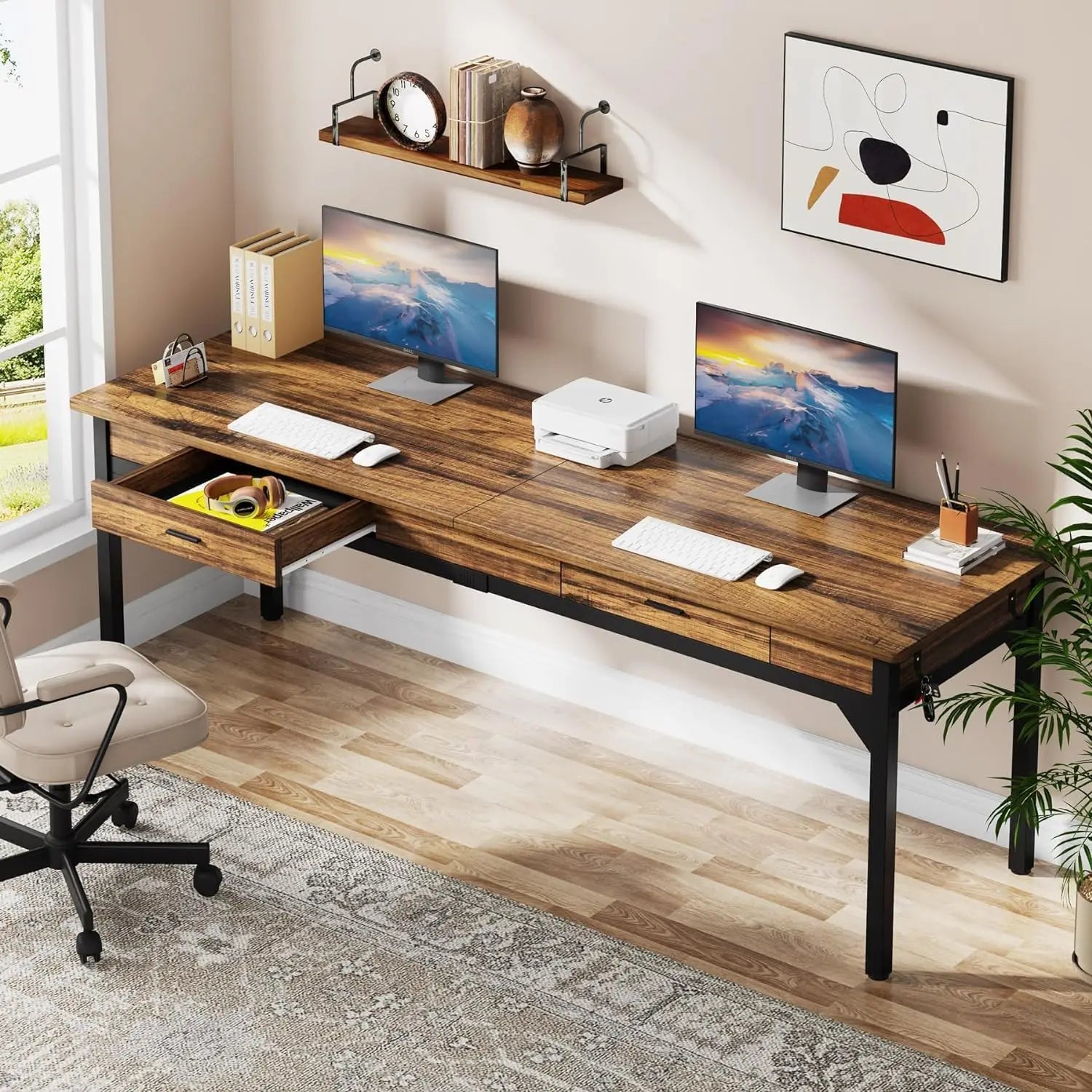 Computer Desk, Double Long Desk with 2 Drawers