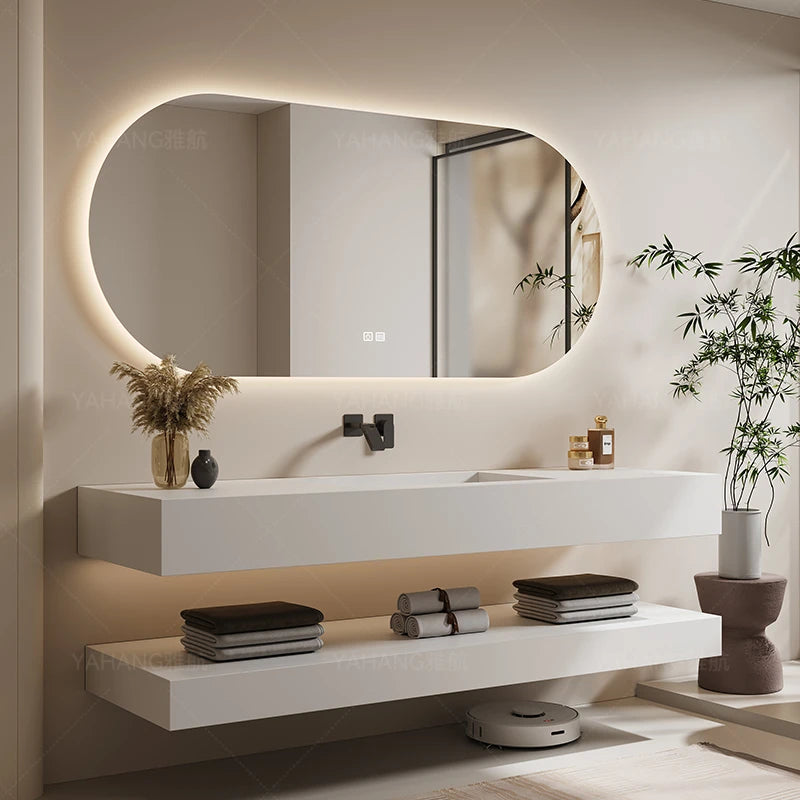 Slanted Basin Bathroom Vanity Set with Integrated Stone Slab
