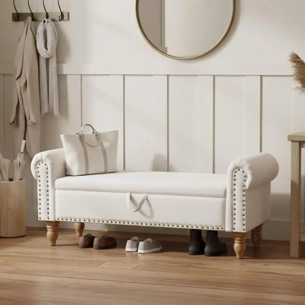 Linen Upholstered Storage Ottoman, Bedroom End of Bed Bench with Rolled Arms