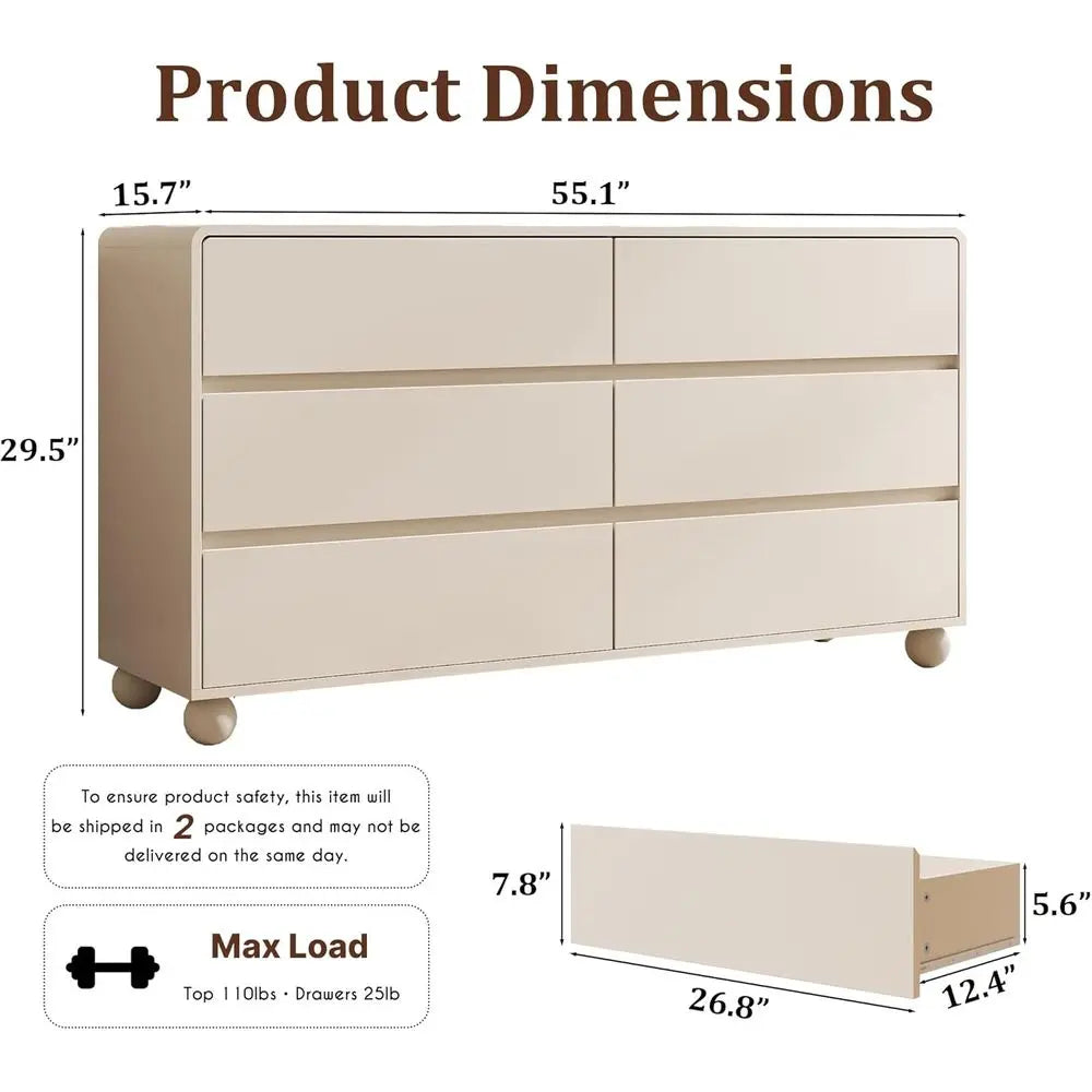 3-Piece Bedroom Set: 6-Drawer Dresser & 2 Nightstands with Curved Design