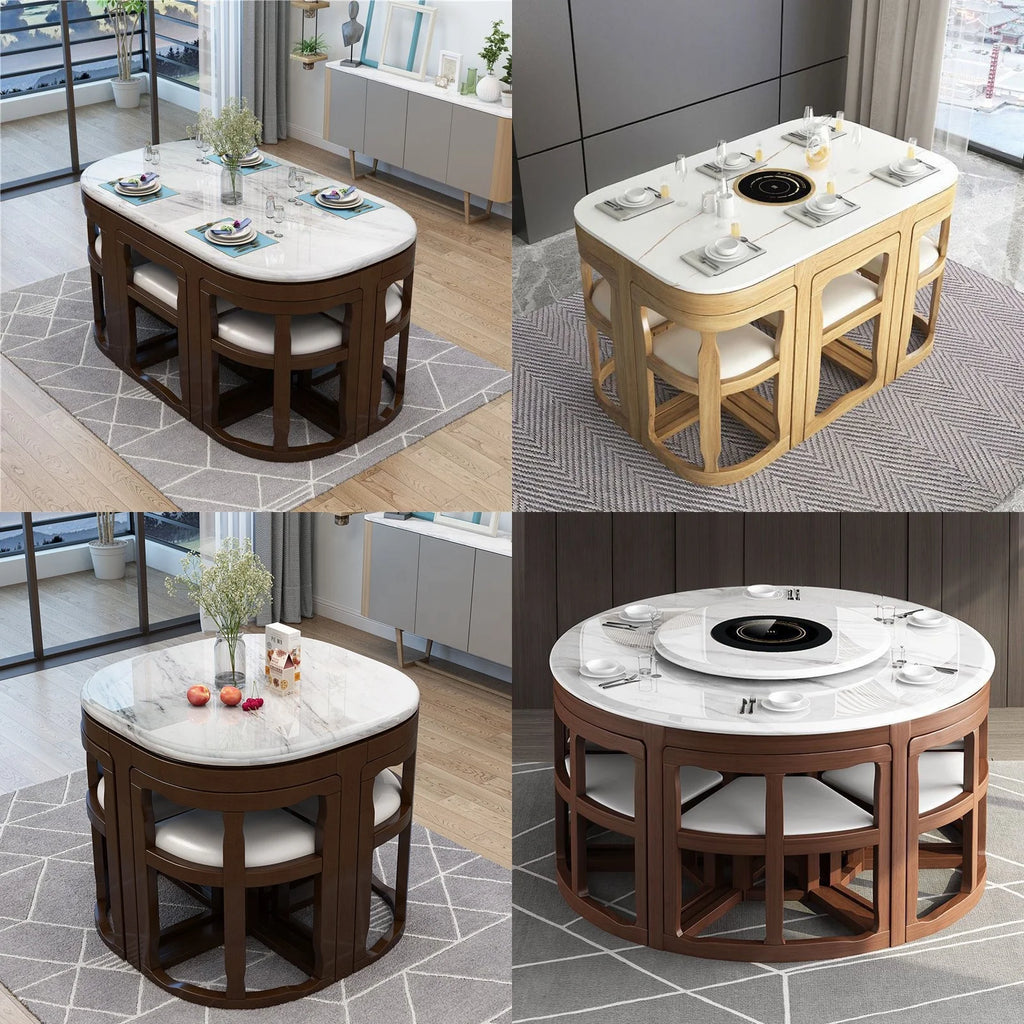 Modern Square Marble Top Complete Dining Table Set of 4 or 6 Chairs for Home Use