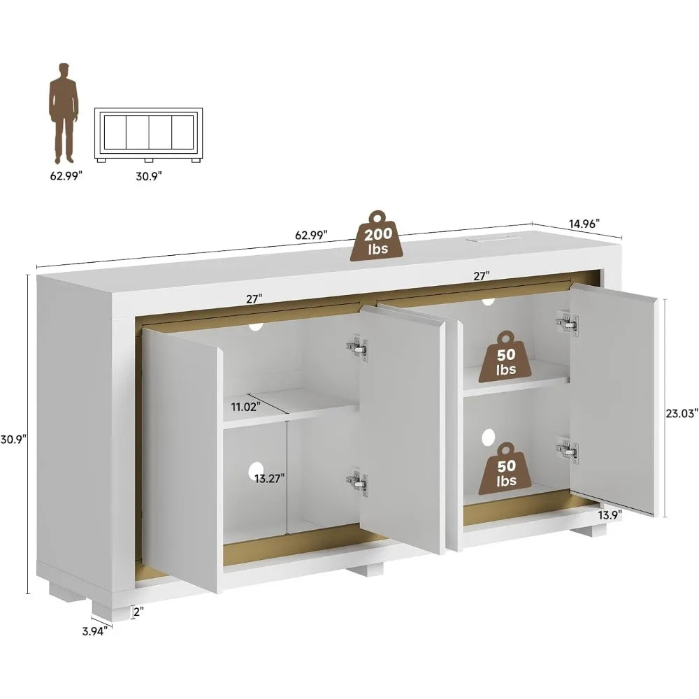 63" Modern Buffet Cabinet with Power Outlets, LED Light,