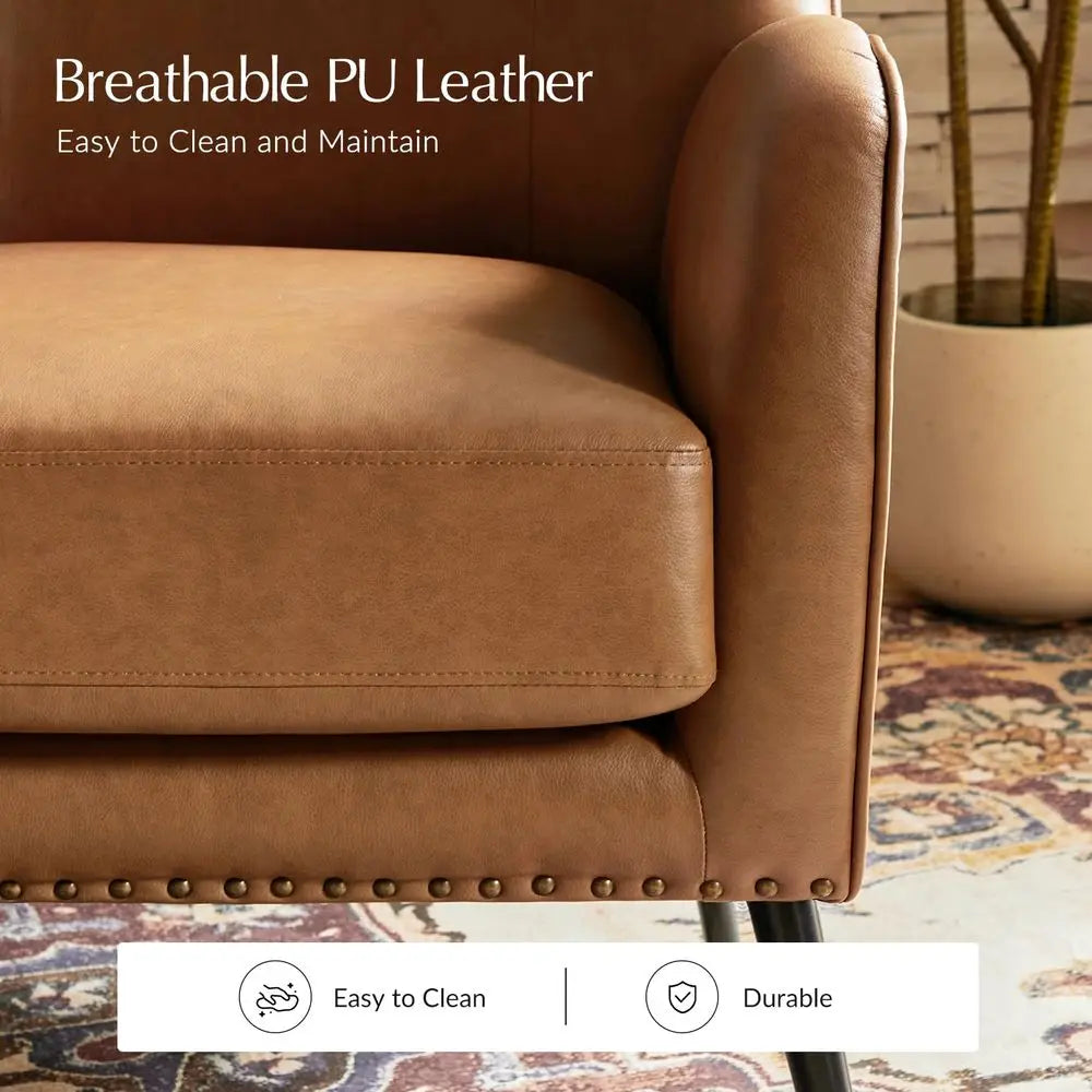 Faux Leather Accent Chair with Removable Cushion, Comfy Upholstered Armchair with Black Metal Legs amp Nailhead Trim Wingback V