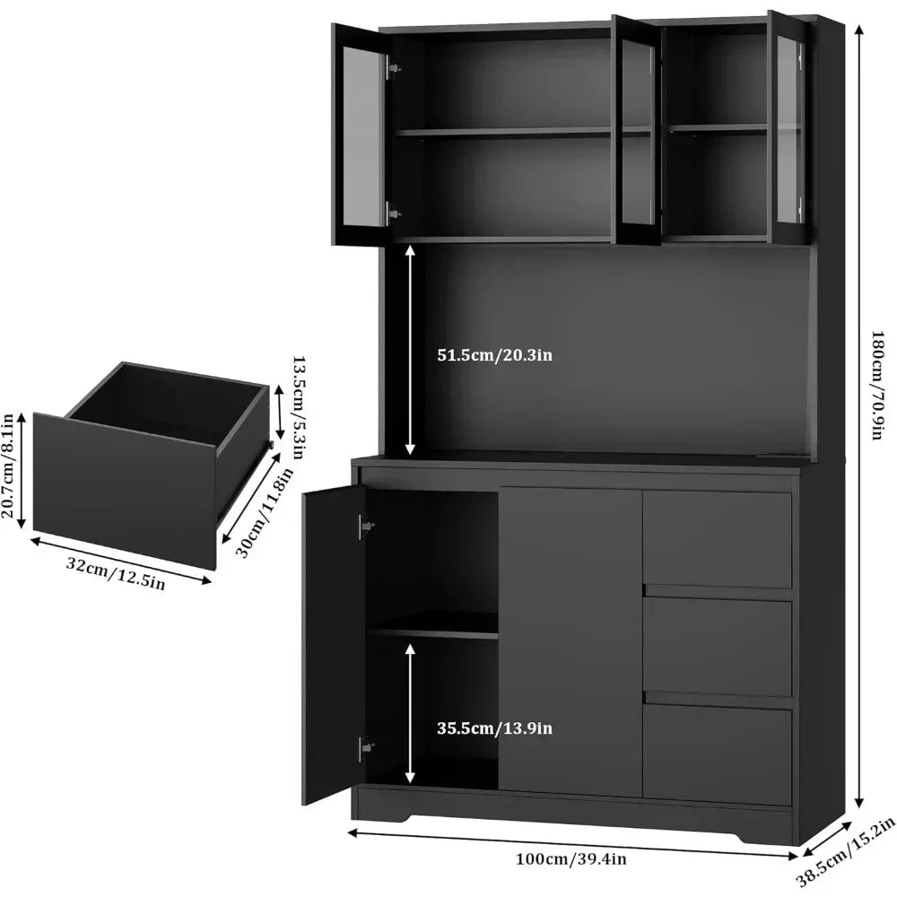 Modern Kitchen Cabinet Hutch Cabinet with Storage,71" Kitchen Pantry Cabinet with LED Lights and Charging Station