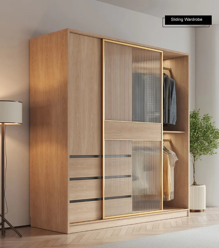 Closet Tempered Glass Wooden Modern Latest Design Bedroom Furniture Cloth Storage  Sliding Door Wardrobe
