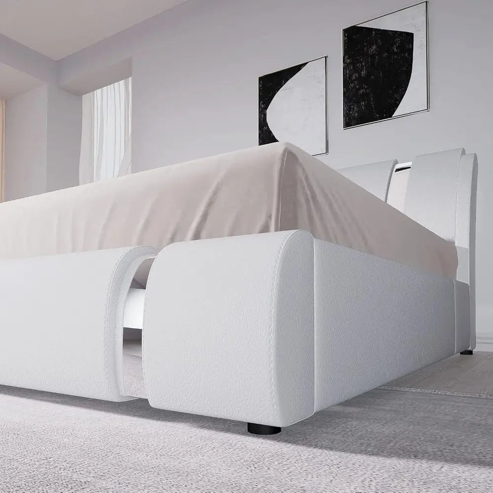 Queen Size Platform Bed with Iron Piece Decor, Leather Upholstered Bed with Curved Adjustable Board, Wooden Slats Support, No Bo