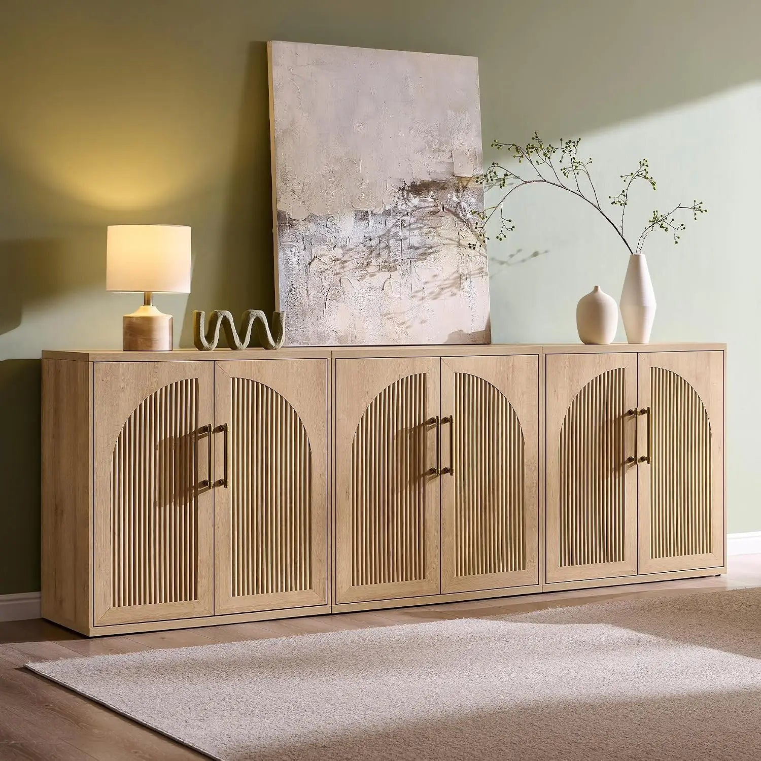 Fluted Arched Door Sideboard Set of 3, Accent Cabinet with Adjustable Shelf, Wood Storage for Dining & Living Room, Customized