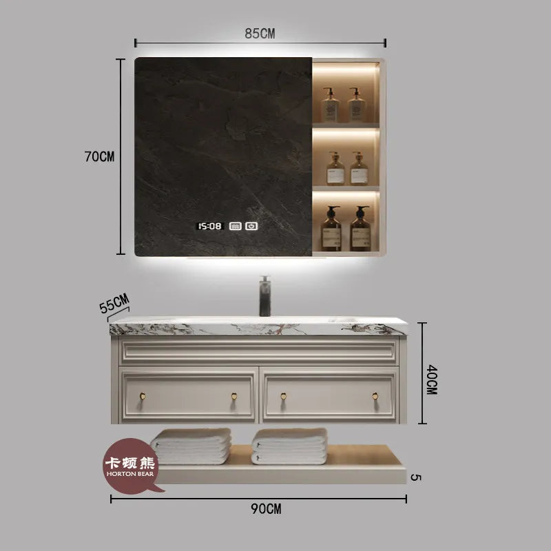 French-Style Seamless Integrated Double Basin Oak Bathroom Vanity