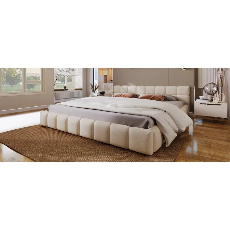 Elegant Beige Chenille King Bed with Checkerboard Pattern