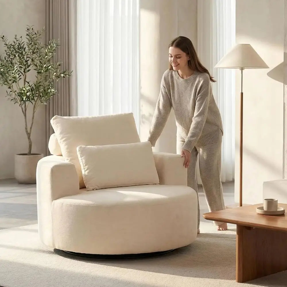 Oversized Swivel Barrel Chair, Chenille Upholstered,