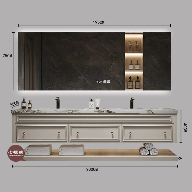 French-Style Seamless Integrated Double Basin Oak Bathroom Vanity