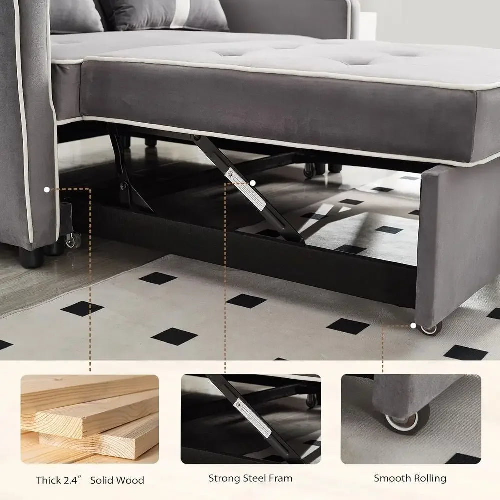 Grey Velvet Convertible Sleeper Sofa Bed