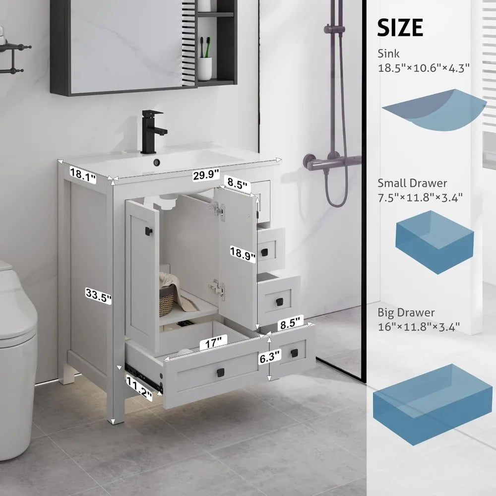 30" Bathroom Vanity Combo, Modern Painted Cabinet,