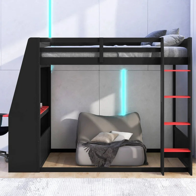 Wooden Gaming Bunk Bed with Desk, Storage Shelves, USB and LED Lighting