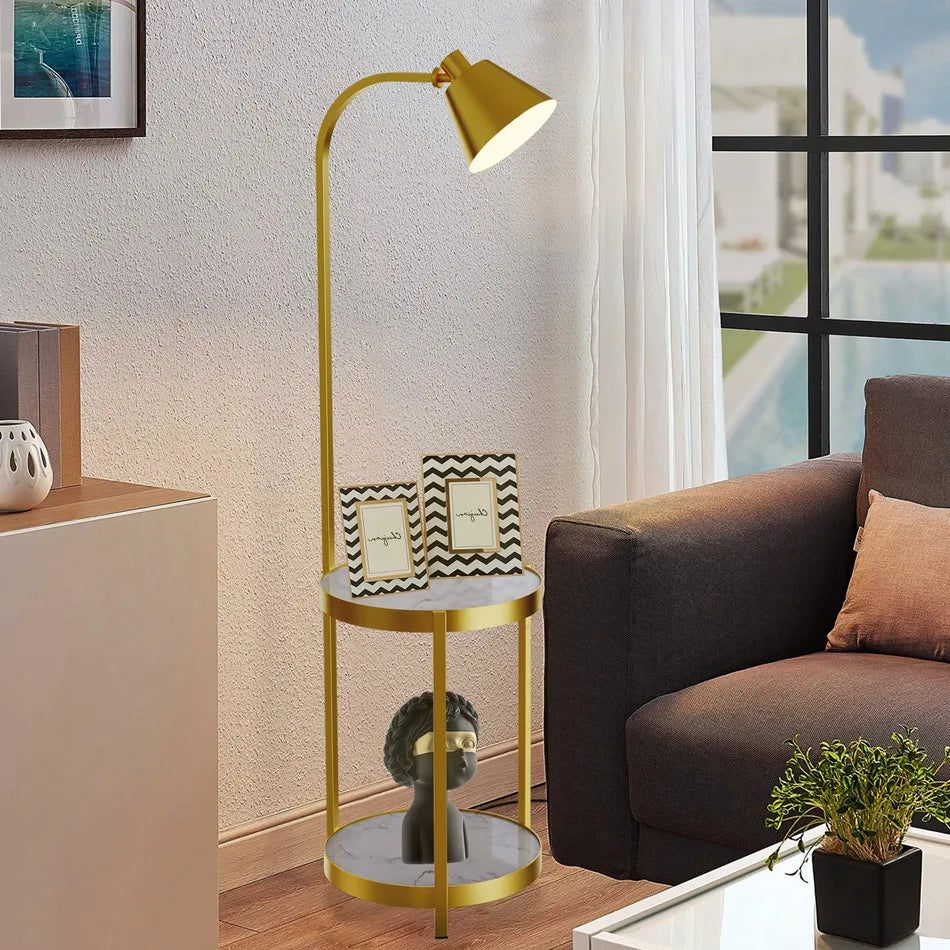 Modern Gold 2-Tier Tall Standing Floor Lamp with Storage Table