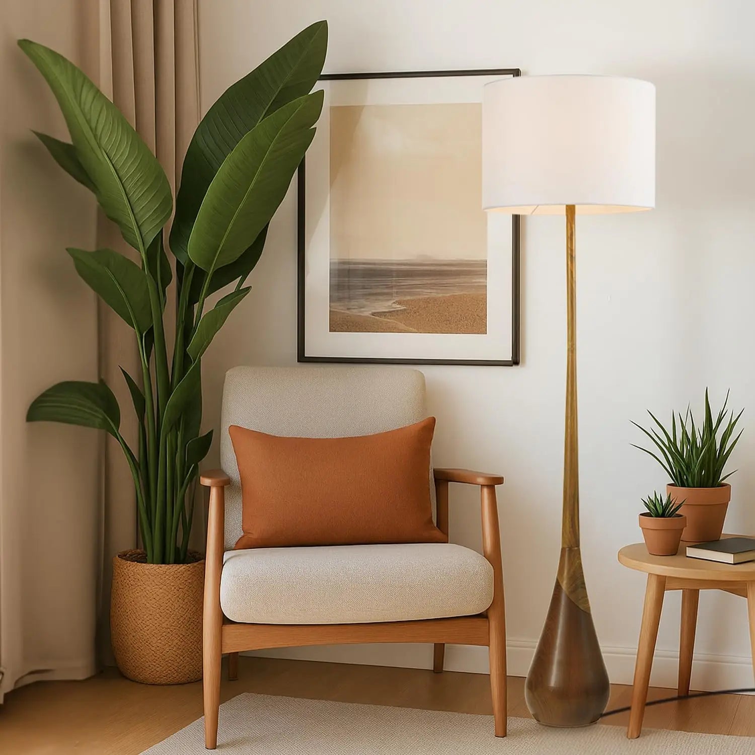 65" Floor Lamp 2-Tone Faux Wood Base White Fabric Shade