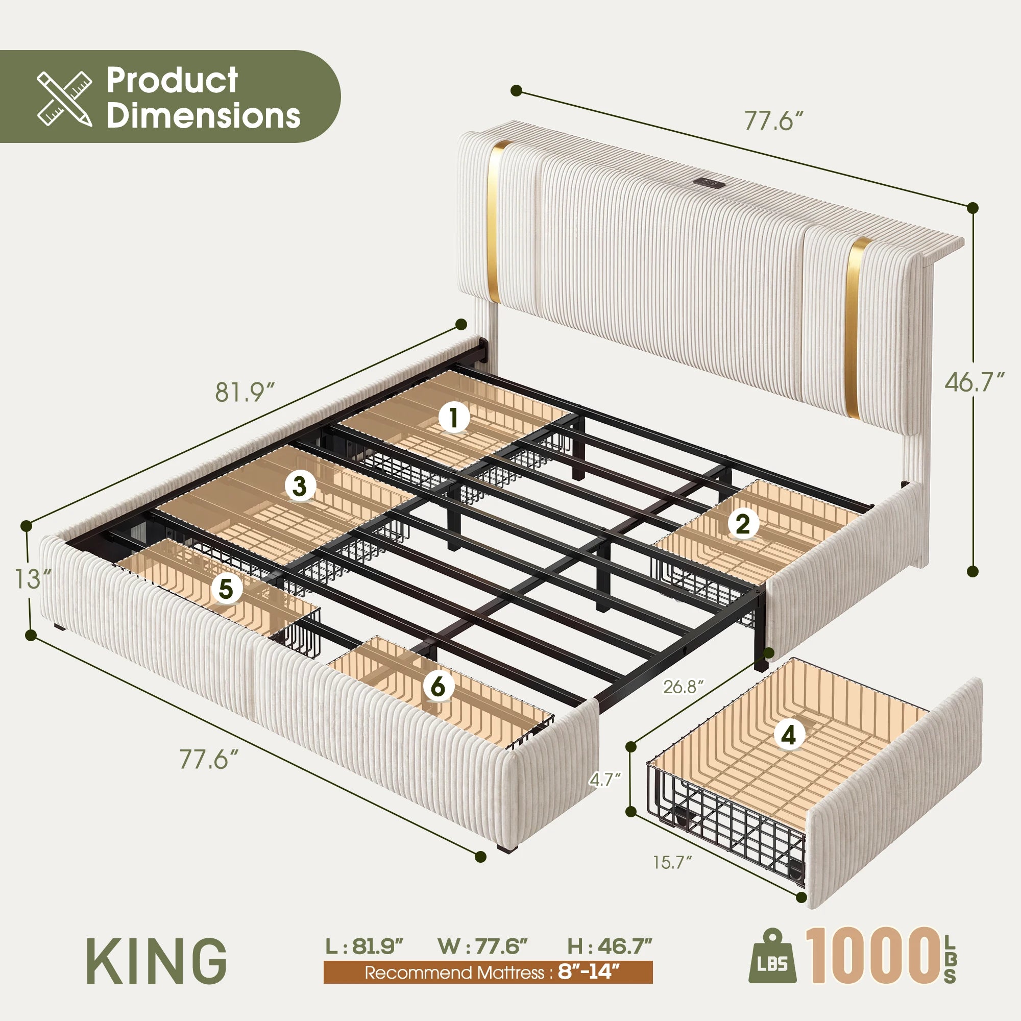 Bed Frame with 6 Storage Drawers, Soft Upholstered with LED Light