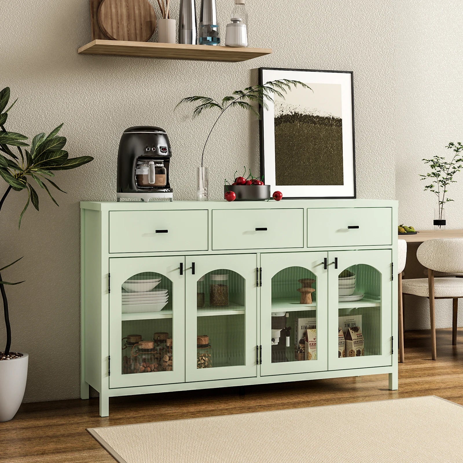 54.4" Sideboard Buffet Cabinet with Storage, Farmhouse Credenza with 3 Drawers & 4 Arched Fluted Glass Doors, Kitchen Coffee Bar for Dining Room, Living Room (Green)