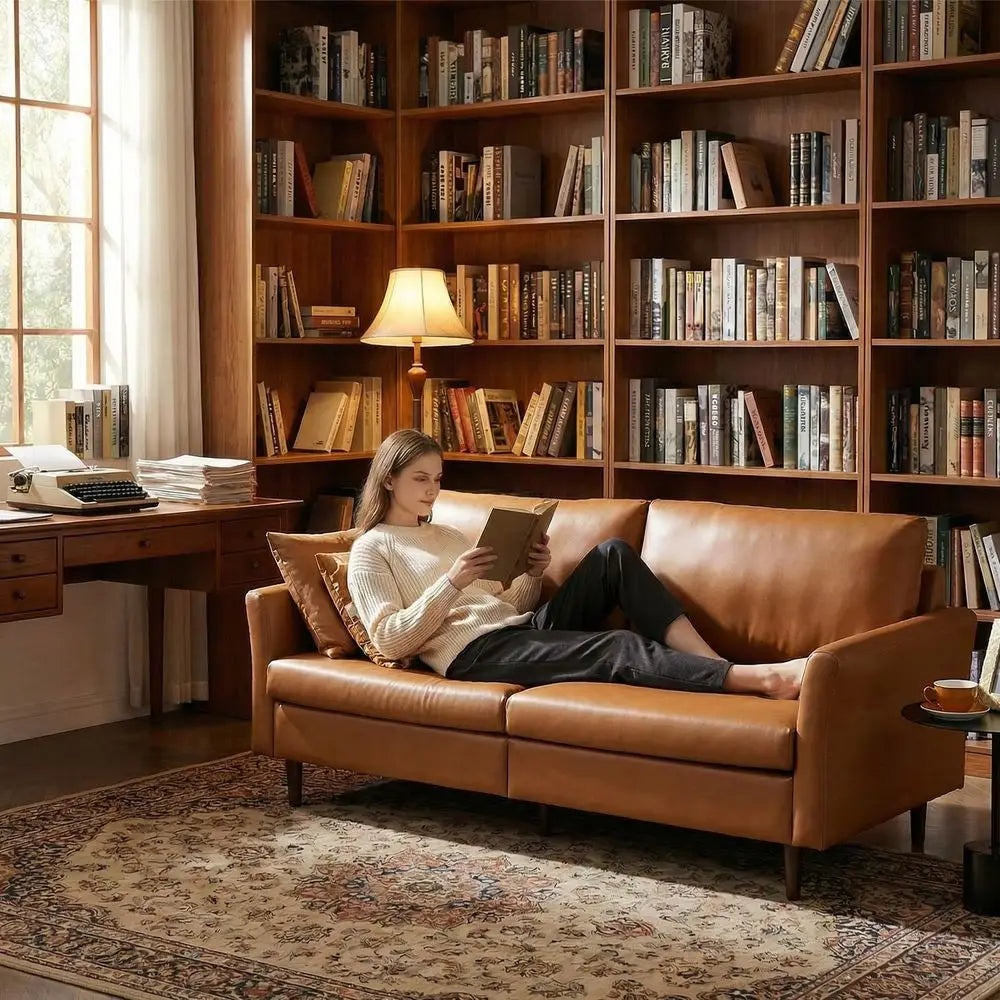 Leather Sofa with Rolled Arms and Deep Seating