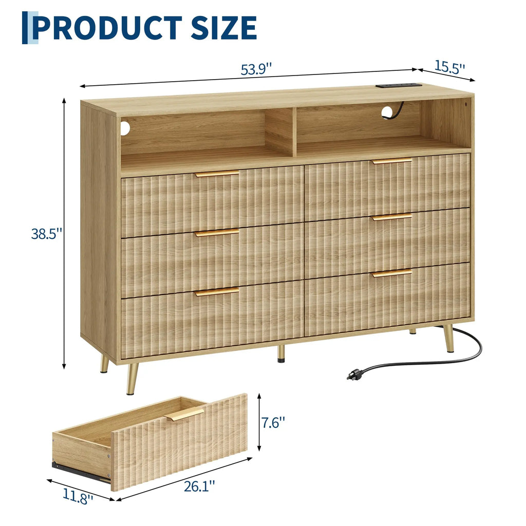 Modern Curved Fluted Wood Dresser With 6 Drawers LED Lights And Charging Station Room