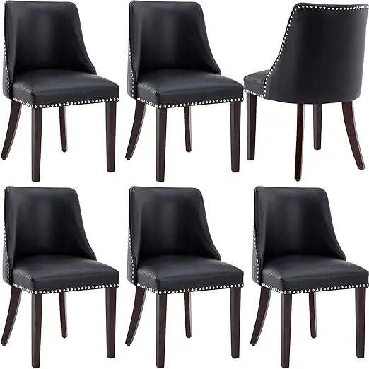 Linen Dining Chairs Set of 6 Upholstered Accent Chair with Nailhead Trim & Solid Wood Legs, Mid Century Modern Side Chair for Ki