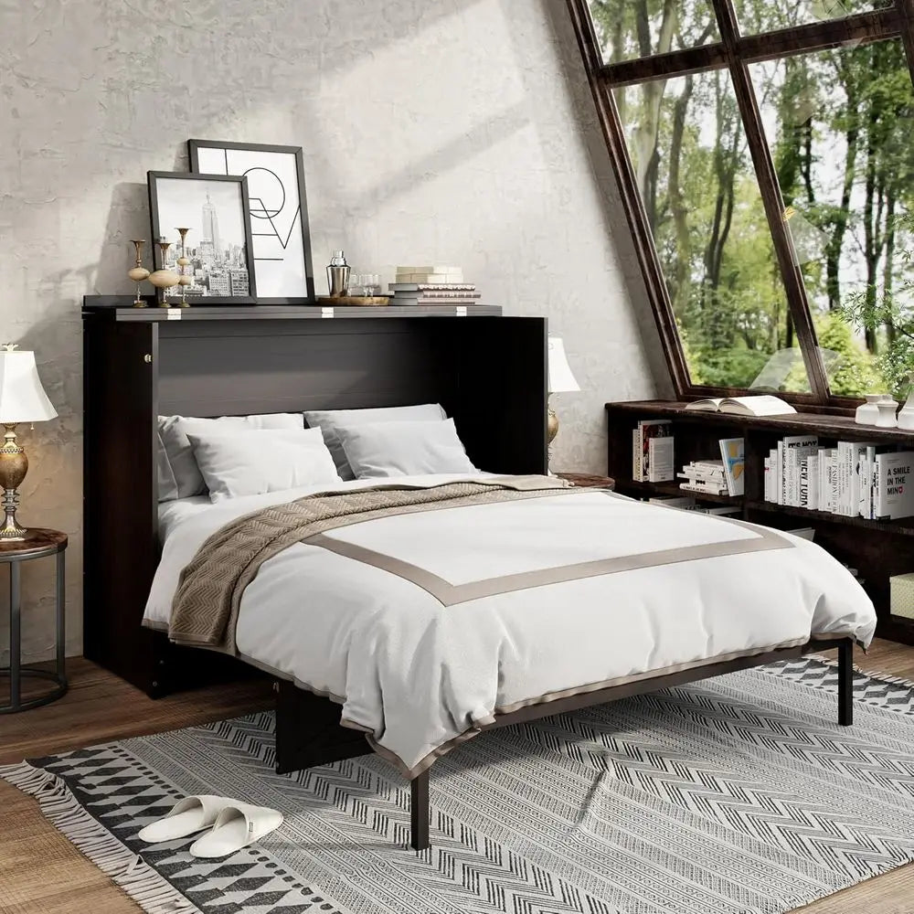 Wooden Queen-Size Murphy Bed with Large Drawers and USB Ports, Brushed Finish